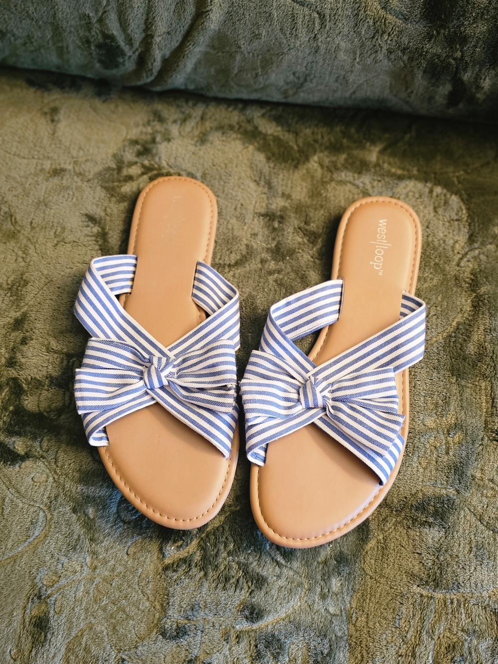 West Loop Blue & White Striped Knot Slide Sandals for Women